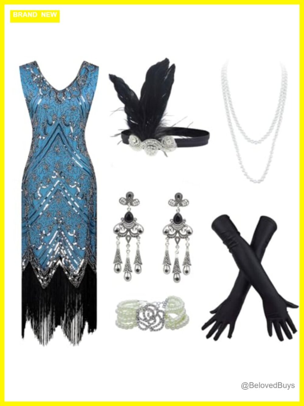 1920s Flapper Sequin Beaded Dress Set with Accessories